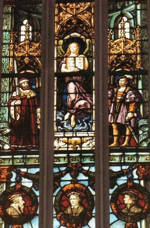 This stained-glass window shows Magdalena as a Teacher over kings, aristocrats, philosophers and scientists.